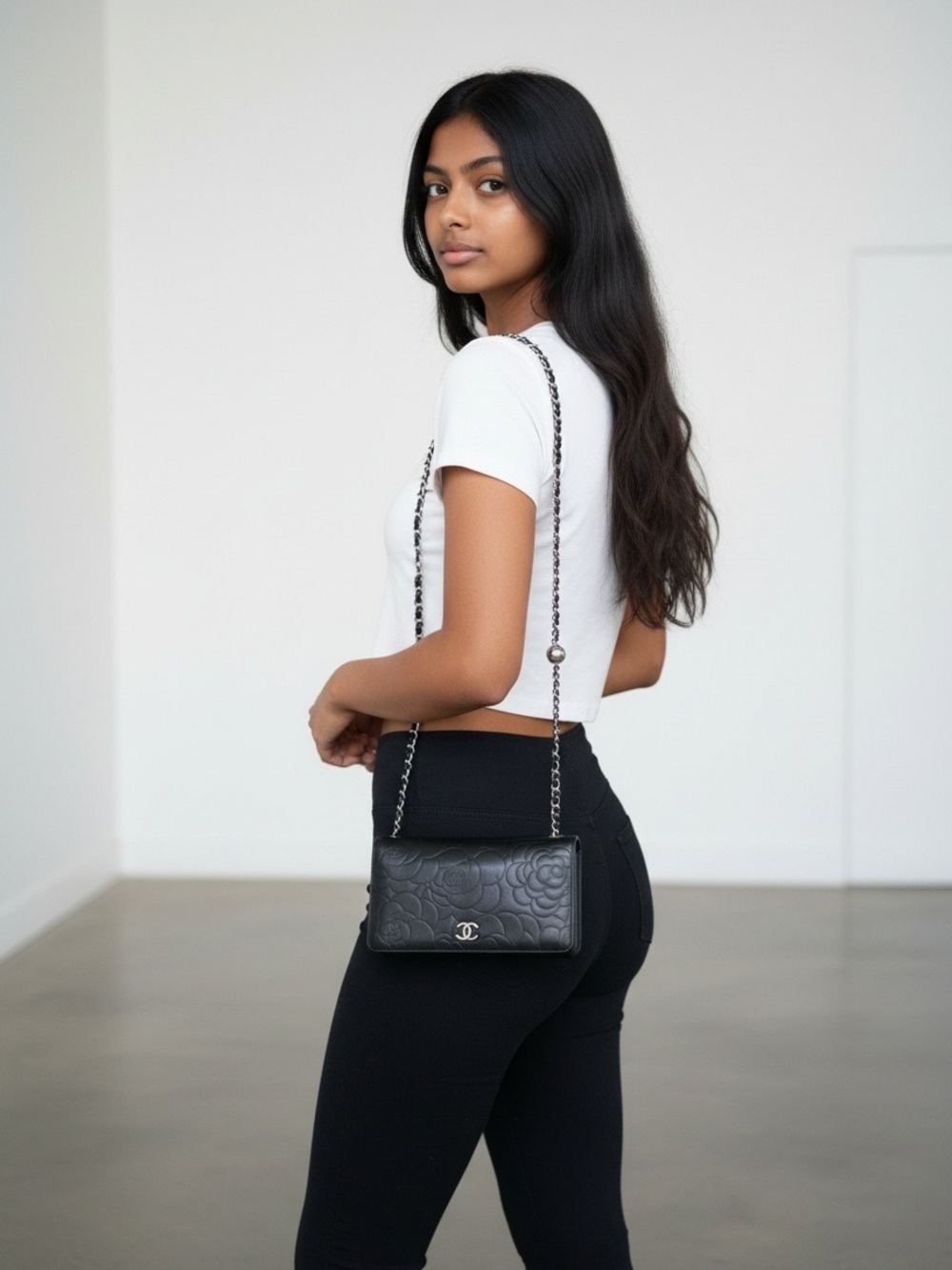 🇺🇸🖤⛓️Chanel Camellia Black Wallet Chain Silver Tone Hardware WOC Revamp Shoulder